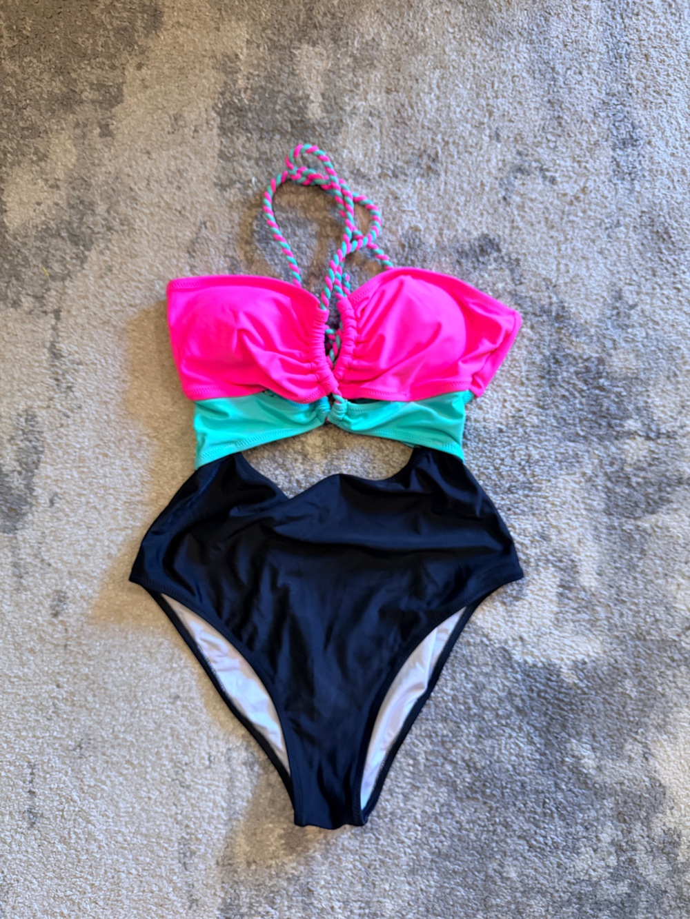 Popvil Neon Pink & Teal Cutout One-Piece Swimsuit with Black Bottom